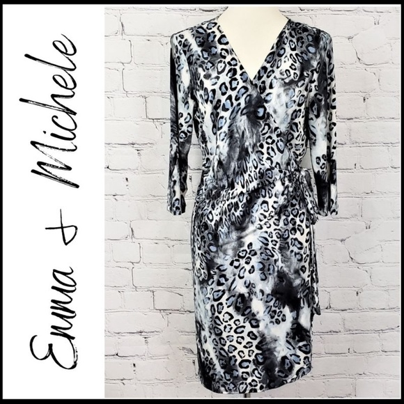 Emma & Michele Dresses & Skirts - EMMA & MICHELE Blue-Gray Leopard Print Wrap Dress